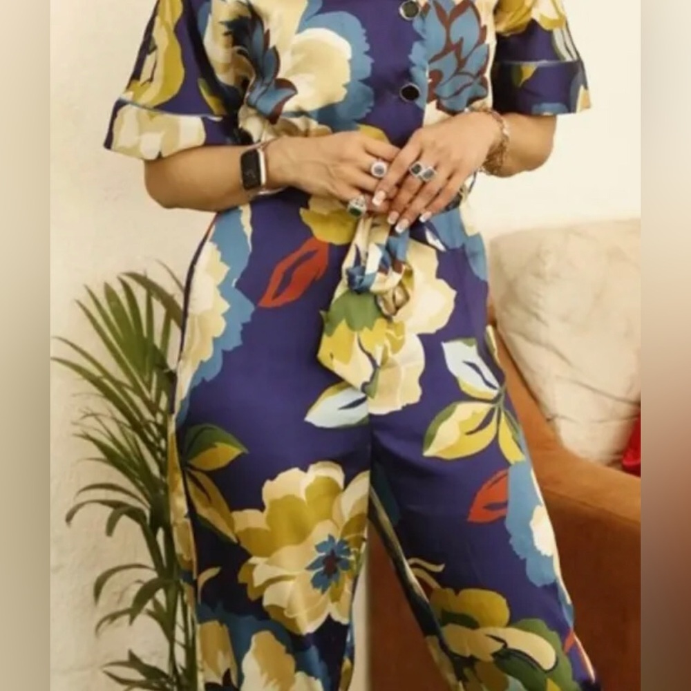 Zara blue green Floral Satin Short Sleeve button front Jumpsuit Size XL new - Picture 5 of 6